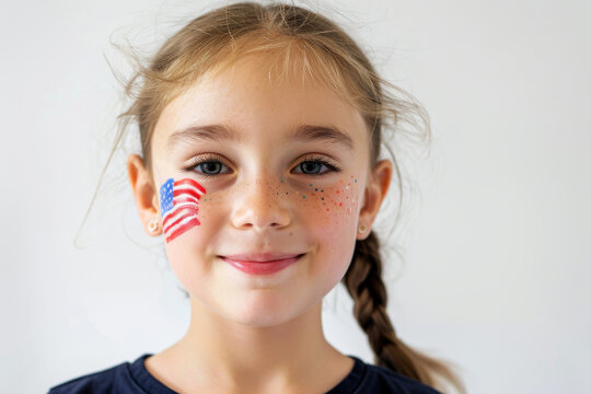 Joyful child girl with face painted with American flag, symbolizing celebration and patriotism. Caucasian girl, early teens