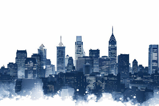 Philadelphia skyline in watercolor blue, minimalistic art, versatile for modern urban themes