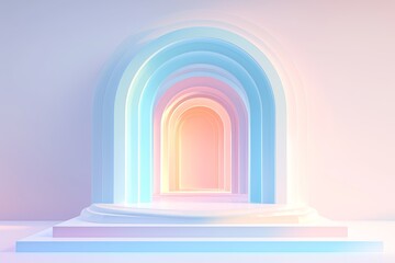 colorful pastel background with an empty stage for product presentation, featuring geometric shapes and arches. Abstract background design for an advertising banner or poster. 