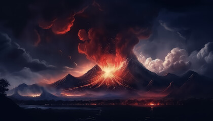 Volcano erupts with fire and smoke at night - obrazy, fototapety, plakaty