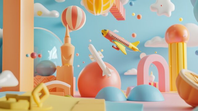 Playful toy figurines in a whimsical setting 3d style isolated flying objects memphis style 3d render   AI generated illustration