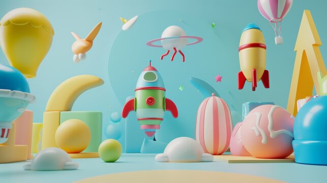 Playful toy figurines in a whimsical setting 3d style isolated flying objects memphis style 3d render   AI generated illustration