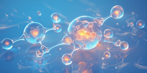 white and orange molecules with a light blue background. The structure is made up of several spheres that form an intricate network,  - obrazy, fototapety, plakaty
