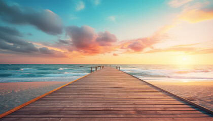 Fototapeta na wymiar Beautiful sunset on the sea from the pier wooden