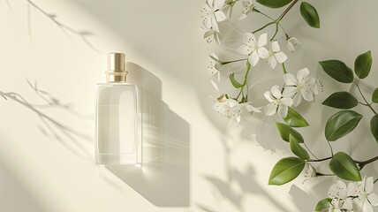 a bottle of delicate spring perfume accompanied by jasmine flowers, set against a light and festive...
