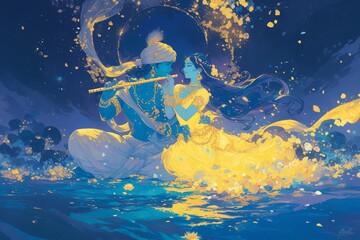 Obraz na płótnie Canvas A beautiful illustration of Lord Krishna and Goddess Radha floating in the ocean, holding each other's hands, with a blue background and golden accent colors. Krishna is holding his flute