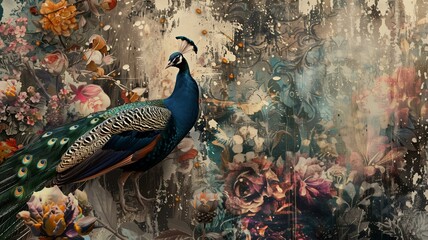 A mesmerizing artistic composition featuring a collage of vintage illustrations, delicate floral motifs, and graceful peacocks rendered in rich hues and intricate detail.

