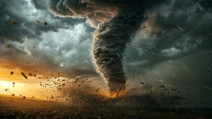 Tornado tearing through farmland dark swirling cloud - obrazy, fototapety, plakaty
