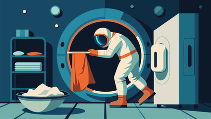 In a sleeping pod an astronaut struggles to change into clean clothes having to hold onto everything in order to keep them from floating away.