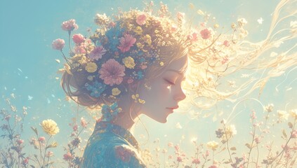 A beautiful woman with flowers in her hair, surreal  colorful flowers and plants swirling around the head of an elegant model with closed eyes, creating a dreamy atmosphere