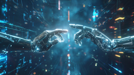Illustration showcases the synergy between two robot , hand connected by a lightning bolt. It represents the integration of deep learning algorithms, automation, and modern technology  - obrazy, fototapety, plakaty