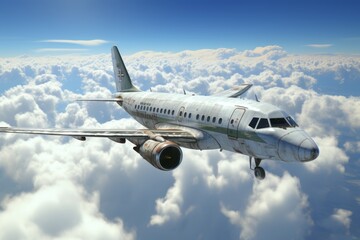 Obraz premium A passenger jet soaring high above a bustling cityscape against a backdrop of serene blue skies and fluffy clouds, while the radiant sunlight illuminates the scene.