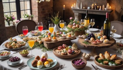 A rustic feast table spread for Easter with an assortment of gourmet food, eggs, and fine drinks in a cozy, brick-walled setting.. AI Generation