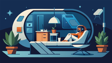 The living space of a seasoned astronaut showcasing a stateoftheart sleep pod with adjustable lighting and temperature control a compact kitchen - obrazy, fototapety, plakaty