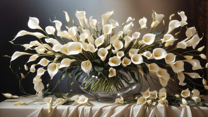 Majestic floral tableau showcasing a bouquet of calla lilies, their elegant forms rendered with grace and precision in oil. - obrazy, fototapety, plakaty
