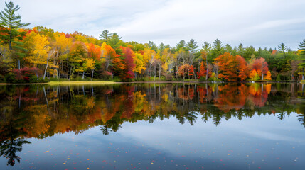 Obraz premium A peaceful lake reflecting the colors of the surrounding trees.