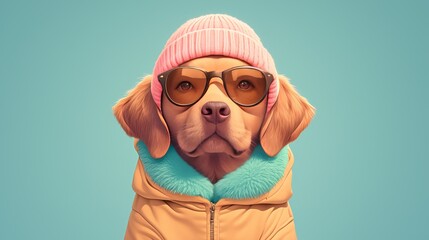 A brown dog wearing dark sunglasses, a pink beanie hat with green fur trim and a sweater in pastel colours 