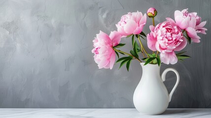 an elegant affair with a photograph featuring pink lush peonies arranged in a white vase, set against a light background, offering empty space for text or invitations.