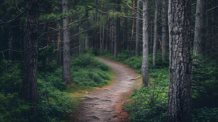 Fototapeta premium A winding path leading through a forest of tall trees.