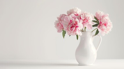 Fototapeta premium an elegant affair with a photograph featuring pink lush peonies arranged in a white vase, set against a light background, offering empty space for text or invitations.