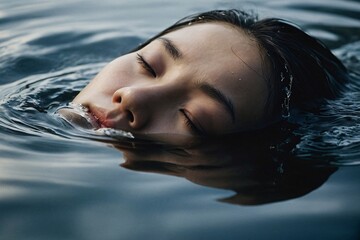 A captivating close-up portrait of a woman's face, half submerged in water.