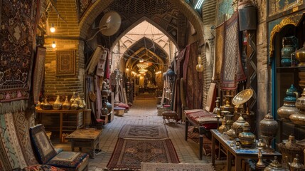 Fototapeta na wymiar Tehran Bazaar Offering Persian Carpets and Saffron, Intricate Metalwork, with Tea and Bargaining Sounds