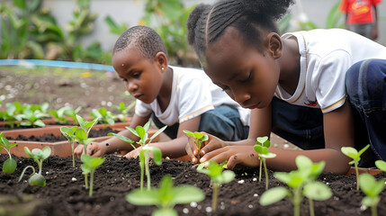 Children planting seeds and seedlings in a school garden.


