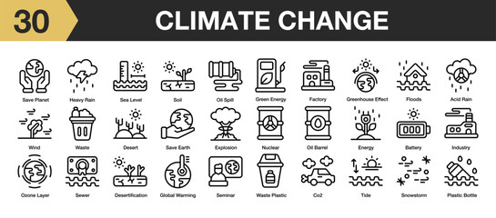 Set of 30 climate change icon set. Includes factory, oil barrel, plastic, save earth, energy, waste, and More. Outline icons vector collection.