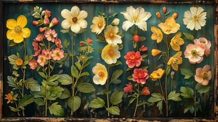 Vintage Floral Collection On Teal, Antique Botanical Art Composition - obrazy, fototapety, plakaty