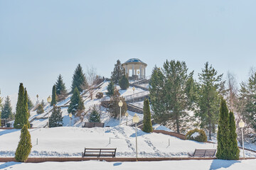 Park of first president of republic in winter, Almaty, Kazakhstan. Observation deck with rotunda.