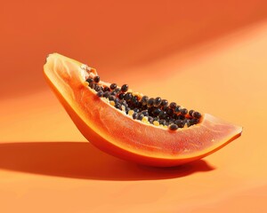 A slice of ripe papaya with the black seeds still in place