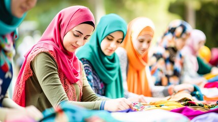 A group of women in colorful hijabs engaged in a community service project, embodying the spirit of giving and cooperation.