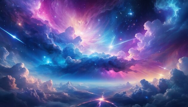 A fantastical representation of a cosmic event with vibrant clouds and starlight piercing through, evoking a sense of wonder and limitless possibility.. AI Generation