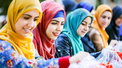 A group of women in colorful hijabs engaged in a community service project, embodying the spirit of giving and cooperation.