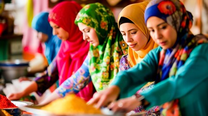 Fototapeta premium A group of women in colorful hijabs engaged in a community service project, embodying the spirit of giving and cooperation.