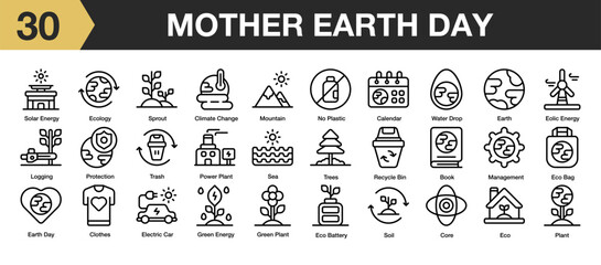 Set of 30 mother earth day icon set. Includes core, calendar, green energy, power plant, logging, sea, and More. Outline icons vector collection.