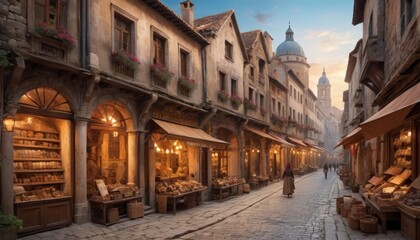 A tranquil evening settles over a cobblestone street lined with historic buildings, arched doorways, and warmly lit artisan shops, evoking a timeless charm.. AI Generation