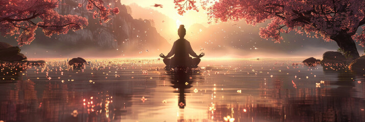 A person meditating in body of water, enclosed by trees in a serene natural setting - obrazy, fototapety, plakaty