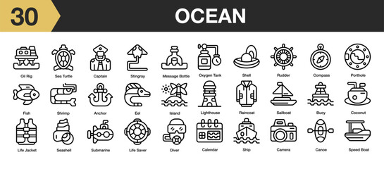 Set of 30 ocean icon set. Includes coconut, camera, fish, eel, island, raincoat, shell, and More. Outline icons vector collection.