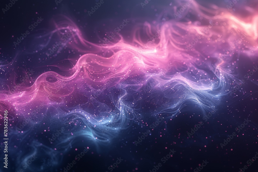 Poster mesmerizing waves of neon pink and blue particles flowing like a silk fabric in an abstract composit