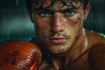 A serious, young boxer with piercing eyes, water droplets covering his face and red gloves