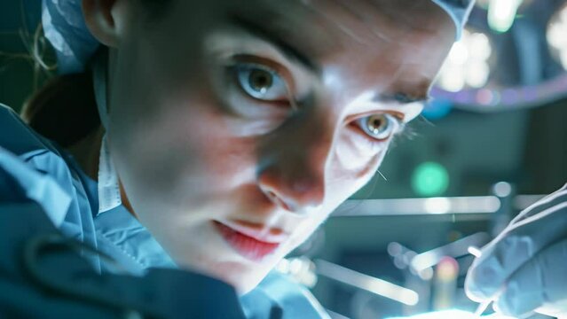 Close-up of female surgeon in blue scrubs, bright operating room lights reflecting in her eyes. Gaze fixed intently on the camera, conveying focus and resolve. 