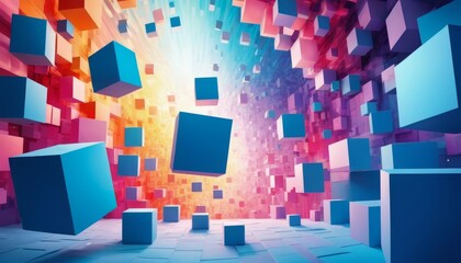 Vivid cubes explode in a riot of colors, creating a dynamic and vibrant 3D effect with beams of light shining through. AI Generation