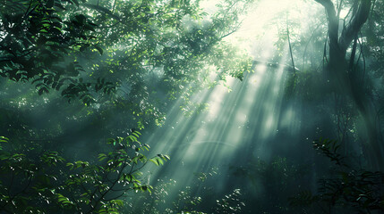 Sunlight streaming through the canopy of a dense forest.


