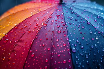A vibrant, multicolored rain umbrella with water droplets captures beauty in everyday objects and inclement weather
