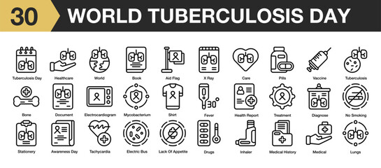 Set of 30 world tuberculosis day icon set. Includes medical, shirt, protection, drugs, care, book, bone, and More. Outline icons vector collection.