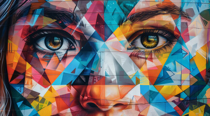 Street art mural graffiti depicting the face of an attractive woman with large eyes, surrounded by geometric patterns and vibrant colors.