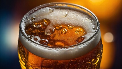 AI generated illustration of a close-up of a full beer glass with bubbles - obrazy, fototapety, plakaty