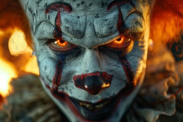 Close-up of a sinister clown face with scary red eyes; conveys themes of fear, horror, and the uncanny in a dark atmosphere