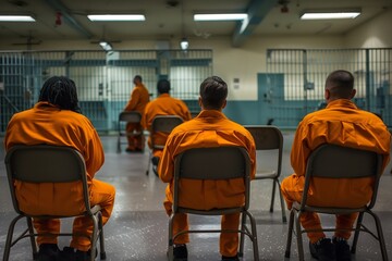 several prisoners sitting in their cell looking out into the empty jail